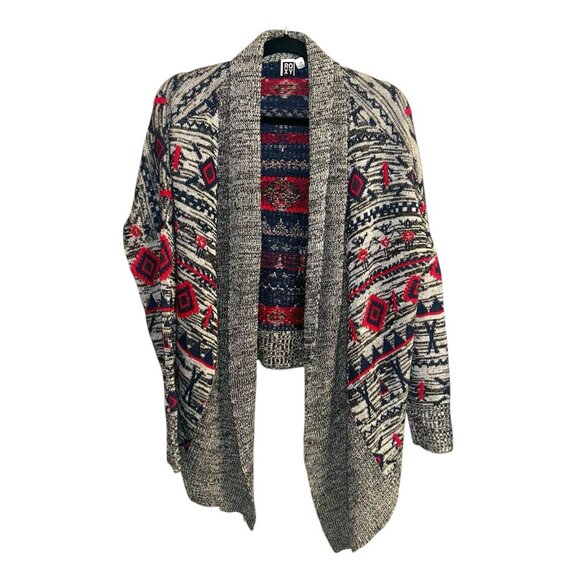 Roxy Sweaters - Roxy Grey/Red/Blue Aztec Print Knit Open Draped Holiday Cardigan Sweater Large
